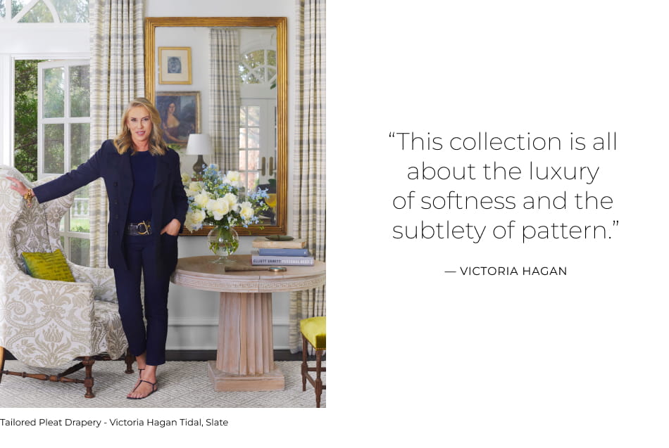 A portrait of Victoria Hagan with a quote "This collection is all about the luxury of softness and the subtlety of pattern."